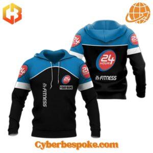 Blue hoodie featuring the 24 Hour Fitness logo inside a heart graphic design.