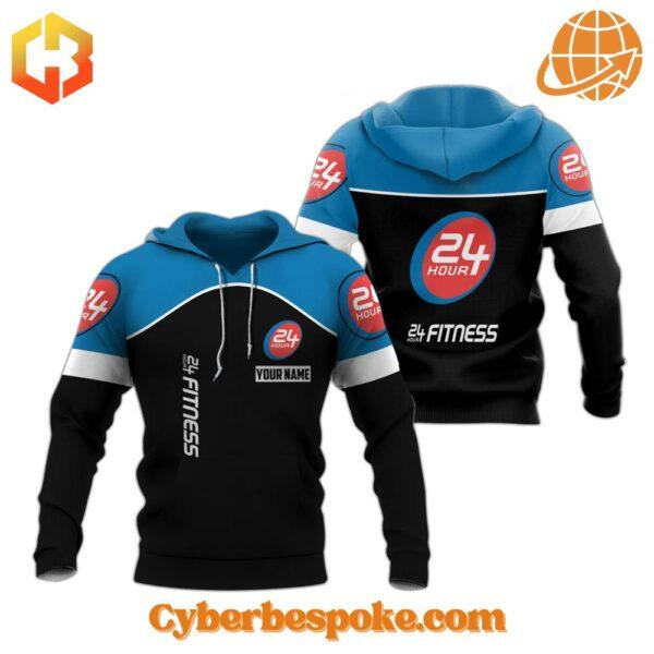 Blue hoodie featuring the 24 Hour Fitness logo inside a heart graphic design.