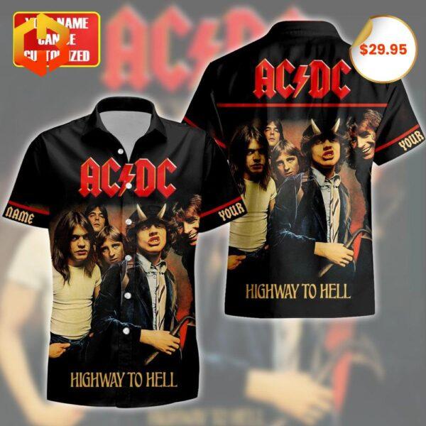 Vibrant all-over print Hawaiian shirt featuring ACDC's "Highway to Hell" album artwork.