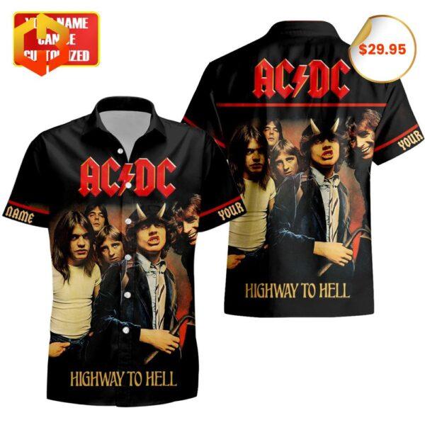 The ACDC "Highway to Hell" 2025 Hawaiian Shirt showcasing iconic rock elements and band imagery.