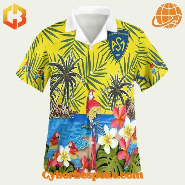 Hawaiian shirt featuring ASM Clermont Auvergne rugby themes and bold tropical prints