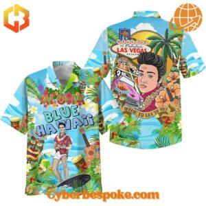 Colorful Hawaiian shirt featuring Elvis Presley, Las Vegas imagery, and tropical elements on a blue background.