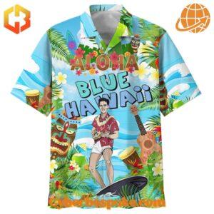 Colorful Hawaiian shirt featuring Elvis Presley, Las Vegas imagery, and tropical elements on a blue background.