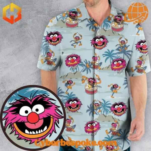 Close-up of Animal The Muppet Drum Hawaiian Shirt with vibrant tropical print.