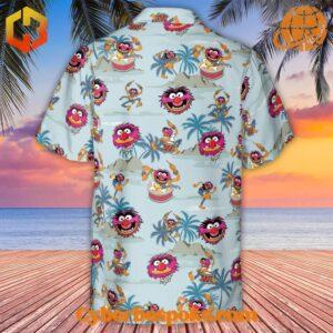 Side view of Animal The Muppet Drum Hawaiian Shirt with a tropical-themed background.