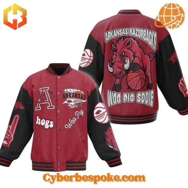 Arkansas Razorbacks NCAA Baseball Jacket front and back view with detailed embroidery and mascot graphic.