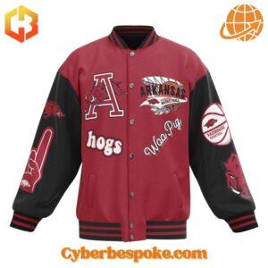 Close-up of Arkansas Razorbacks NCAA Baseball Jacket front with patches and logo.