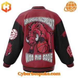 Close-up of Arkansas Razorbacks NCAA Baseball Jacket back with large mascot graphic.