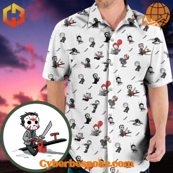 Hawaiian shirt with baby horror movie character pattern