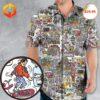 A vibrant Hawaiian shirt featuring Back to the Future-themed designs with tropical patterns and '2025' branding