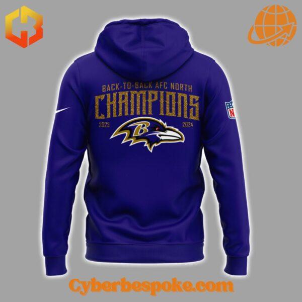 Back view of the purple Baltimore Ravens 2024 AFC North Division Champions Hoodie.