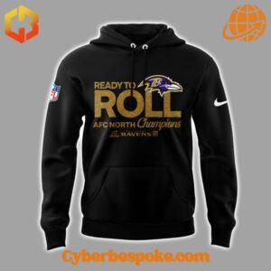 Front view of the black Baltimore Ravens 2024 AFC North Division Champions Hoodie.