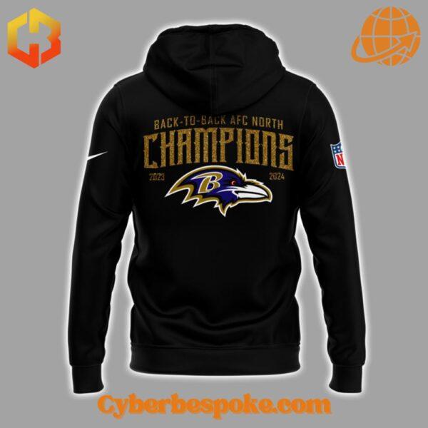 Back view of the black Baltimore Ravens 2024 AFC North Division Champions Hoodie.