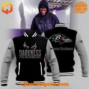 Baltimore Ravens Darkness baseball jacket with a bold raven logo, gothic text, and gray-and-black varsity-inspired design.