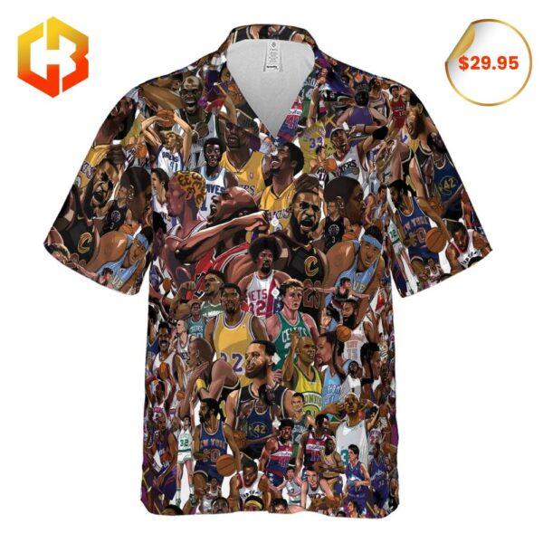 Hawaiian shirt showcasing colorful basketball-themed graphics with tropical vibes and star players