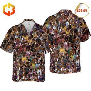 A stylish Hawaiian shirt featuring basketball legends in a vibrant and tropical design