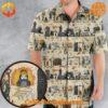 Close-up of Bayeux Tapestry Monty Python Hawaiian Shirt pattern with medieval scenes and characters.