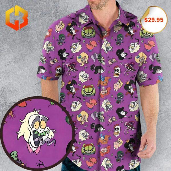 A vibrant Hawaiian shirt featuring the Beetlejuice Cartoon design for 2025, with whimsical characters and tropical accents.