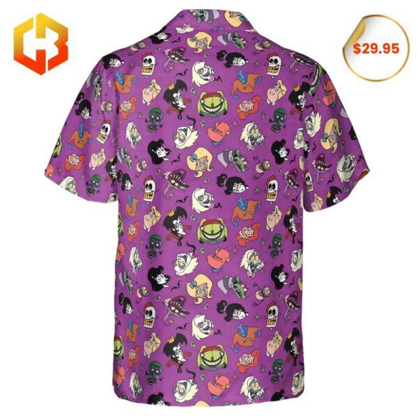 Hawaiian shirt combining Beetlejuice Cartoon’s playful graphics with bright tropical designs in a unique 2025 style.