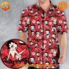 Full view of a Hawaiian shirt with all-over Betty Boop cartoon designs and bold red accents.