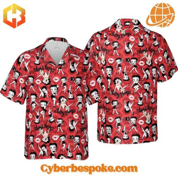 A person wearing the Betty Boop Hawaiian shirt, showcasing its vibrant design and comfortable fit.