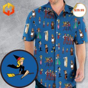 A colorful 2025 Hawaiian shirt featuring patterns of Bewitched characters, including Samantha and Darrin, with tropical accents.