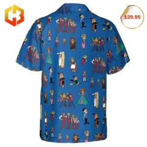 2025 Bewitched-themed Hawaiian shirt with playful illustrations of characters like Samantha and Endora mixed with tropical foliage.