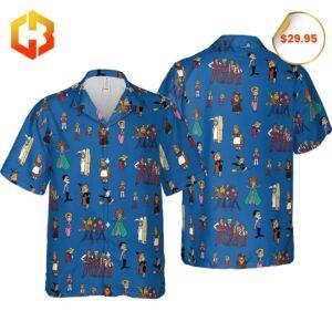 A stylish Hawaiian shirt featuring Bewitched characters in whimsical patterns, with a blend of tropical designs for a 2025 look.