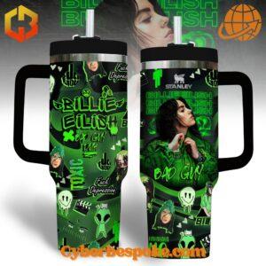 Billie Eilish Bad Guy Stanley Tumbler with neon green and black design.