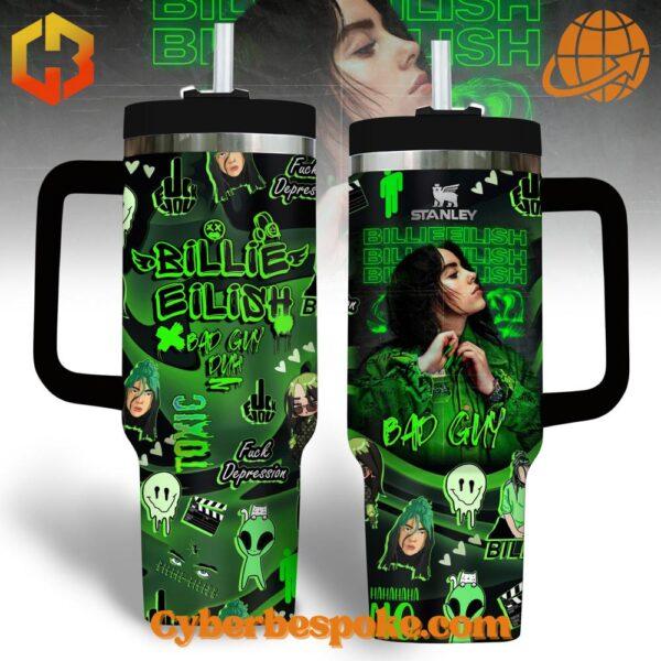 Billie Eilish Bad Guy Stanley Tumbler with neon green and black design.