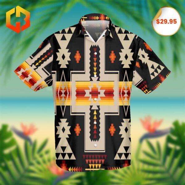 A vibrant 2025 Hawaiian shirt featuring Native American-inspired patterns with rich tribal motifs and earthy tones.