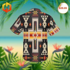 Close-up of a 2025 Hawaiian shirt showcasing Native American tribal designs, including geometric patterns and earthy colors.