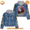 Front and back view of Melanie Blink-182 Band Hooded Denim Jacket with colorful patches and artwork