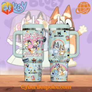 Bluey Be Mine Valentine Stanley Tumblers with colorful cartoon designs on mint green background.