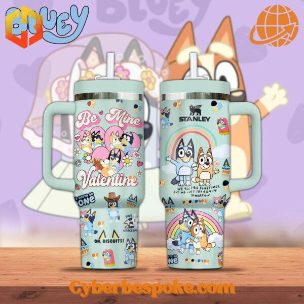 Bluey Be Mine Valentine Stanley Tumblers with colorful cartoon designs on mint green background.