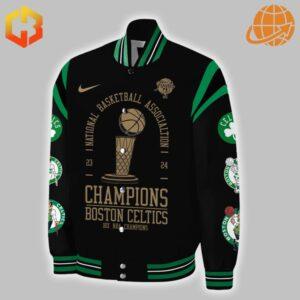 Detailed front view of Boston Celtics 18 Time NBA Finals Champions Baseball Jacket with embroidered logos.