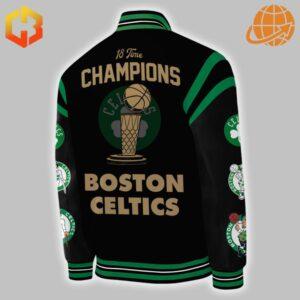 Back view of Boston Celtics 18 Time NBA Finals Champions Baseball Jacket with gold championship lettering