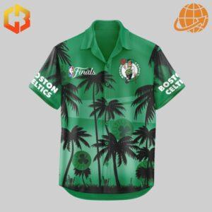 Front view of green Boston Celtics Hawaiian shirt with palm tree design and team logos.