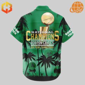 Back view of Boston Celtics Hawaiian shirt with championship trophy and 