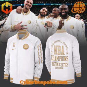 Boston Celtics 18X NBA Finals Champions baseball jacket featuring team logos and championship details