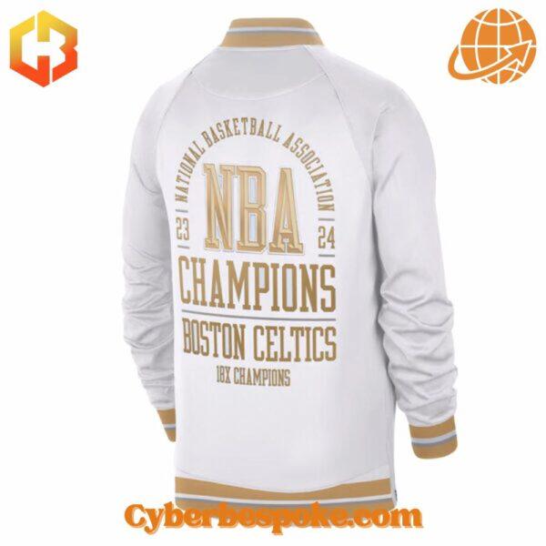 Stylish Boston Celtics baseball jacket commemorating their 18 NBA Finals victories with bold team graphics