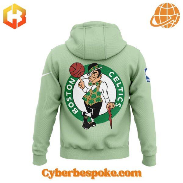 Close-up of the Boston Celtics logo on the back of the hoodie.