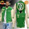 Boston Celtics Deuce Baseball Jacket worn by a person and shown in detail views.