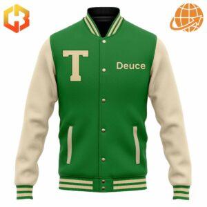 Front view of Boston Celtics Deuce Baseball Jacket showing green and cream design.