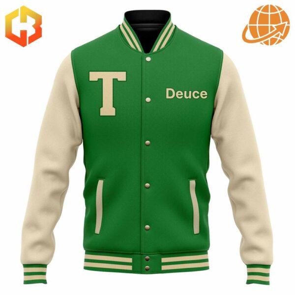 Front view of Boston Celtics Deuce Baseball Jacket showing green and cream design.