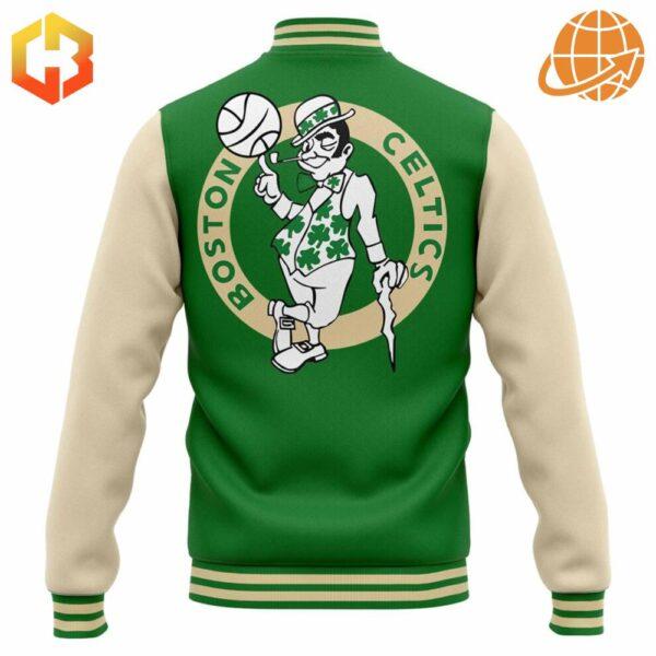 Back view of Boston Celtics Deuce Baseball Jacket featuring large leprechaun logo.