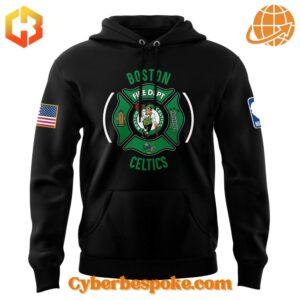 Close-up of Celtics firefighter emblem on hoodie front