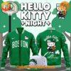 Boston Celtics Hello Kitty Night baseball jacket featuring Hello Kitty dressed in Celtics gear with team logos