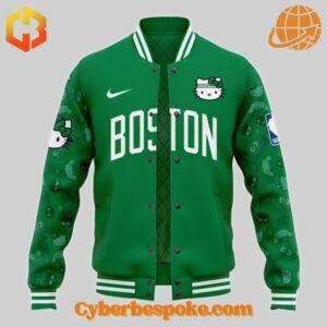 Unique Boston Celtics baseball jacket with a Hello Kitty design, showcasing the team's colors and logo.