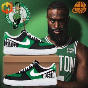 Boston Celtics themed Nike Air Force 1 shoes with player and team logo